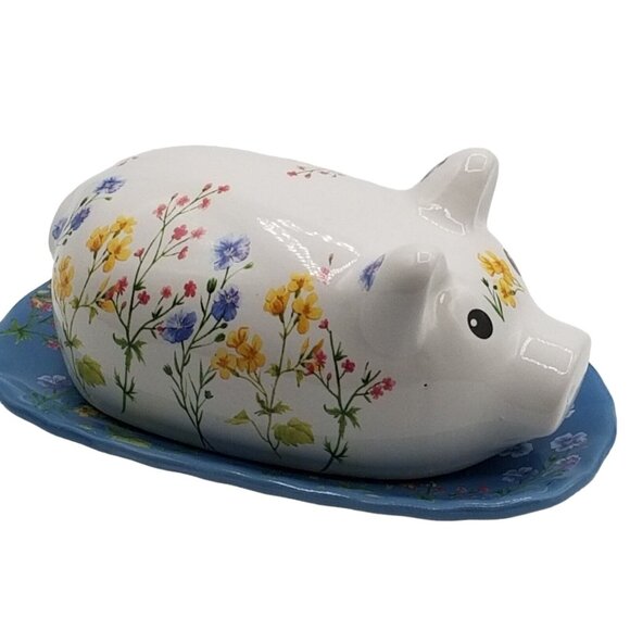 Covered Butter Dish Floral Pig Ceramic Farmhouse Country Cottagecore Chipped - Picture 5 of 13